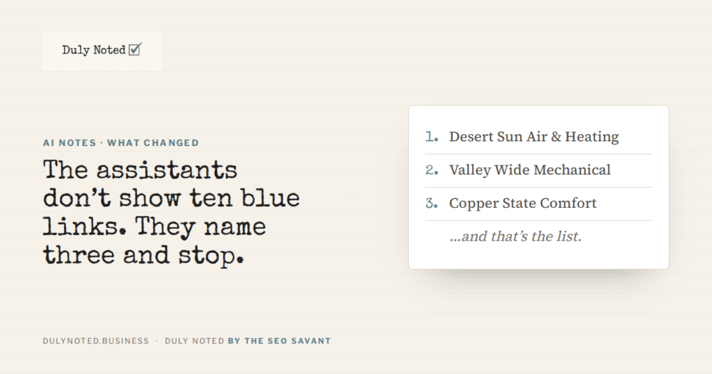 The assistants don't show ten blue links. They name three and stop.